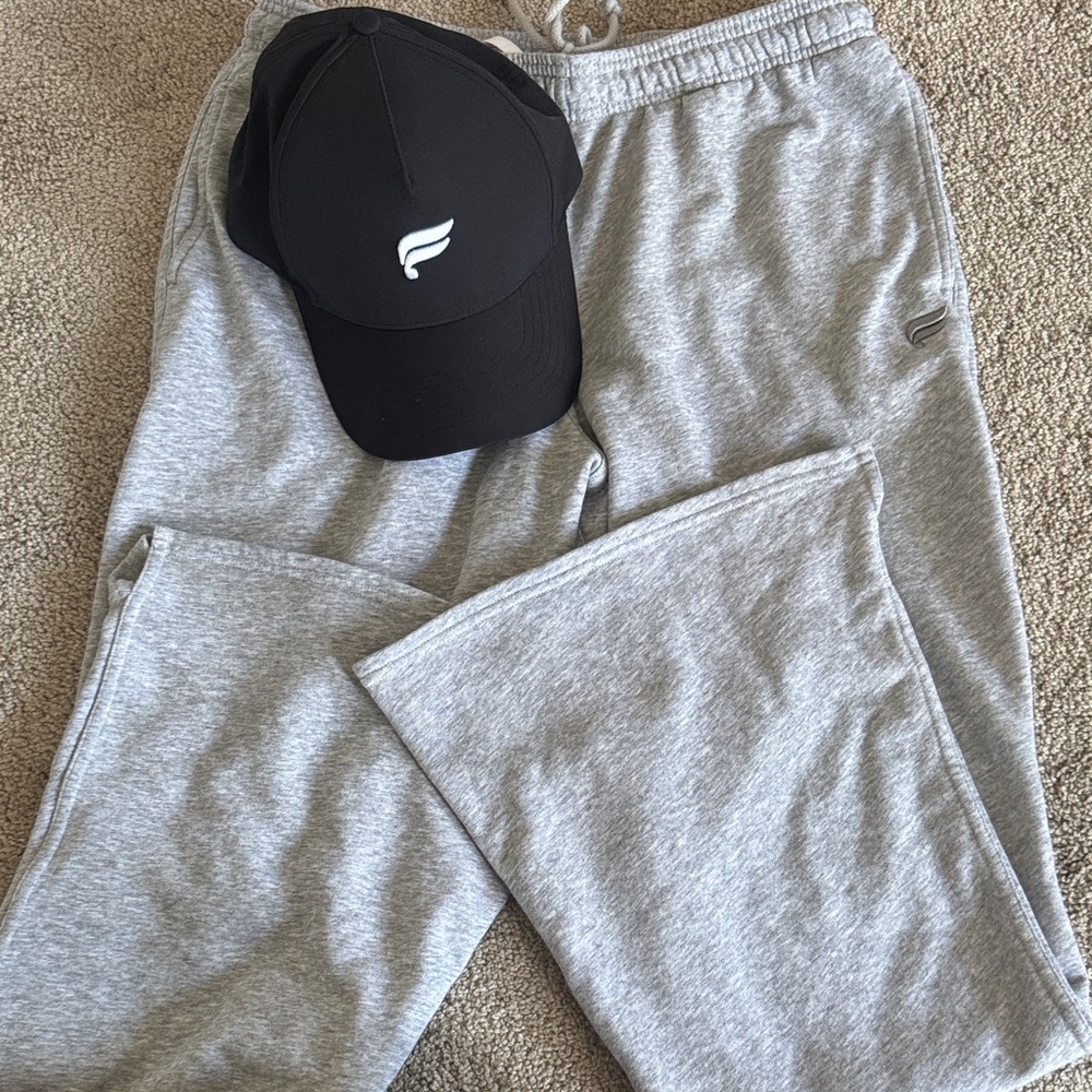 Fabletics Gray Sweatpants and Black Cap Set Together